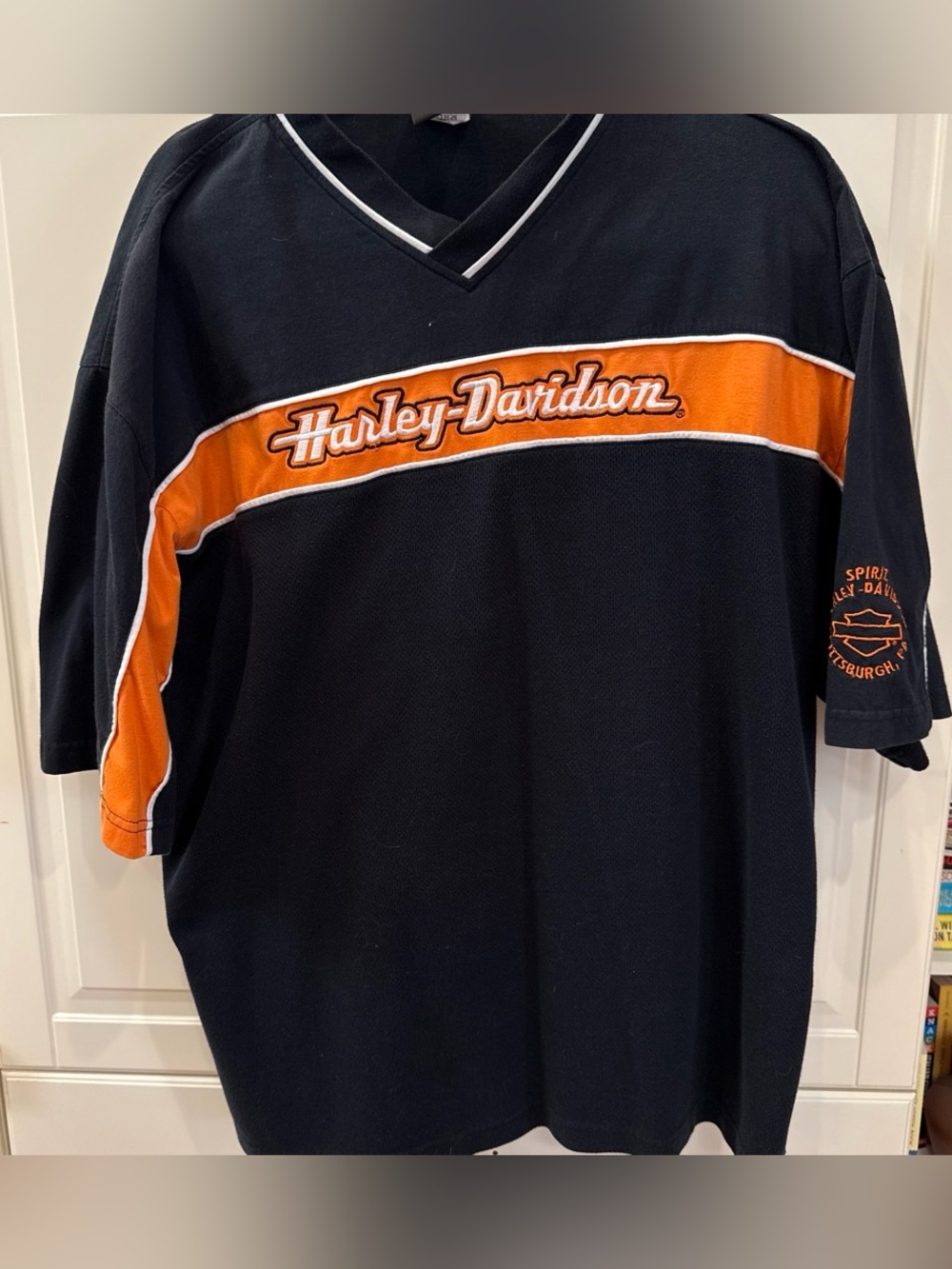 Harley-Davidson Black and Orange V-Neck Stripe Logo Tee